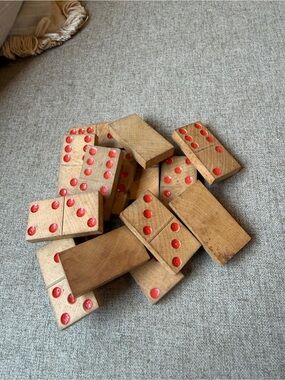 Vintage Wooden Dominoes with Red Pips